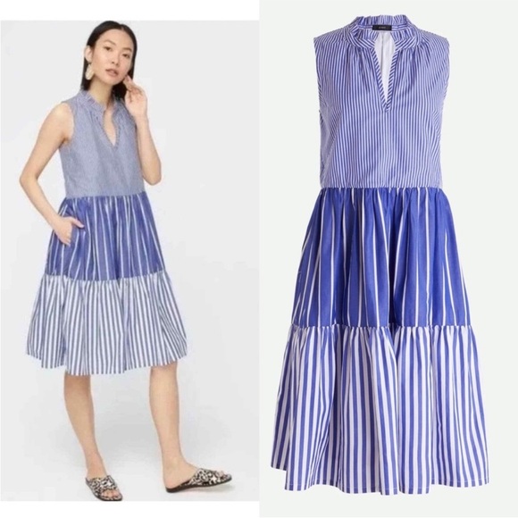 J. CREW Sleeveless tiered popover dress in mixed stripe Size S 100% Cotton - Picture 1 of 5